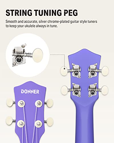 Image of Donner Soprano Ukulele for Beginner 21 Inch Matte Ukulele Beginner Kit with Bag Strap Tuner Strings Picks Cloth, Free Online Lessons (Purple)