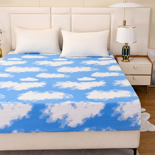 Image of Bedding Fitted Sheet with Deep Pocket for Single Bed Mattress Cover Sheets,White Cloud Printed Fabric Bed Sheets (Blue Sky, Twin)