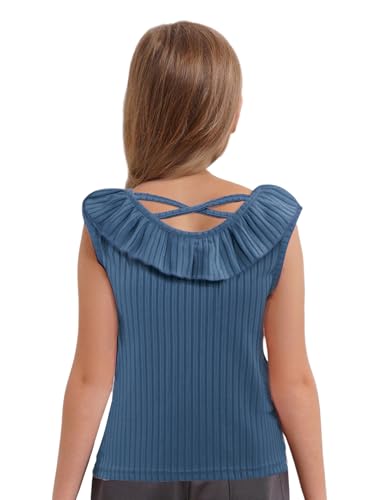 Kids Girls Cute Ruffle Ribbed Vest Sleeveless Cross Back Tank Top Summer Vacation Beach Casual Wear2