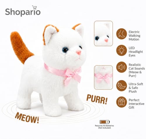 Image of Interactive Walking Cat Toy Battery Operated LED Eyes Meowing Plush Cat Moving Tail Soft Stuffed Animal Toy for Kids Boys Girls Educational Fun Pet Toy