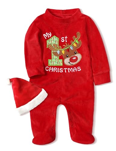 Von kilizo Baby Christmas Outfit My First Christmas Baby Girl Boy Outfit Footed Romper Santa Hat 2Pcs