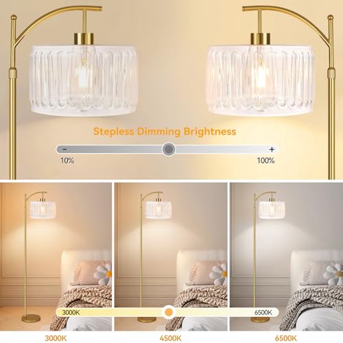 Image of QIYIZM Glass Floor Lamp for Living Room,Bedroom,Gold Dimmable Standing Lamp with Remote,Brass White Tall Lamp Boho Mid Century Modern Floor Lamps Arc Floor Light Lamp Girls Kids Bohemian