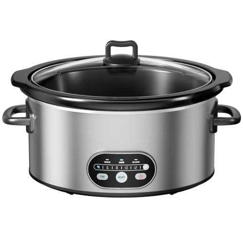 Image of NEWBULIG Slow Cooker 8 Quart, Large Slow Cooker, Ceramic Nonstick Coating, 3 Adjustable Temp Multi Cookers with Dishwasher Safe Stoneware Pot & Tempered Glass Lid, 35in Tangle Free Cord Wrap, Silver