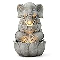 Glitzhome Outdoor Fountains and Waterfalls Zen-Style Concrete Resin Elephant Water Fountains with LED & Pump, Garden Patio Water Fountain Yard Fountain 2 Tier Floor Waterfall for Backyard Lawn 22" H