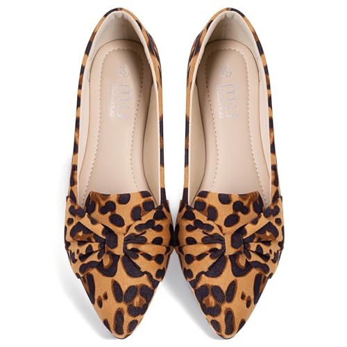 MUSSHOE Flat Shoes Women Comfortable Pointed Toe Slip on Women's Flats,Leopard Suede 6