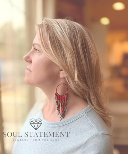 Colorful Bead Dangles, Cowboy Chic Earrings for Women, Boho Handmade Red, Gold, Turquoise Earrings, Ethnic Dangling Beads Design, Gift-Ready, Perfect for Concerts & Festivals2