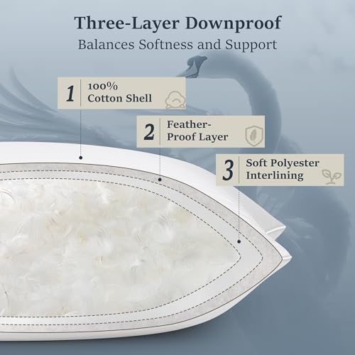 Image of COZSINOOR Goose Feather Pillows Queen Size Set of 2 - Hotel Down Bed Pillow for Sleeping, Soft 600 TC Cotton Cover, Fluffy Support Surround Fill Down Alternative for Back, Stomach, Side Sleepers
