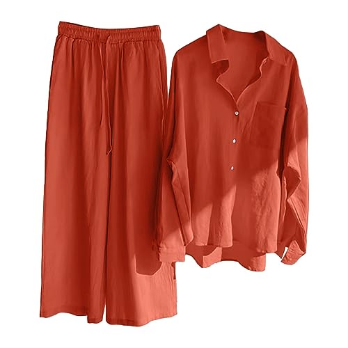 YANFJHV Tvådelat set för dam, elegant sommaroutfit med långärmad skjorta och byxor, bekvämt, lätt, enfärgat loungeset i retrostil, loungewear, apelsin, XXL