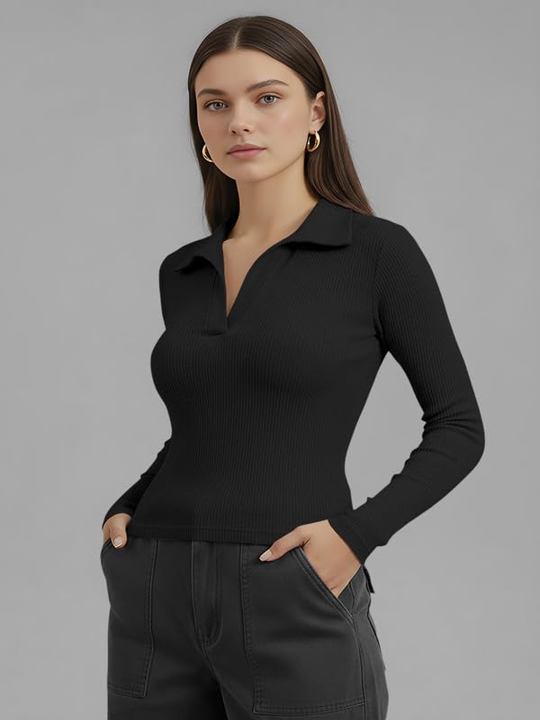 Image of Dream Beauty Fashion Women's Collared Neck Long Sleeve Slim Fit Casual Tee Top for Woman