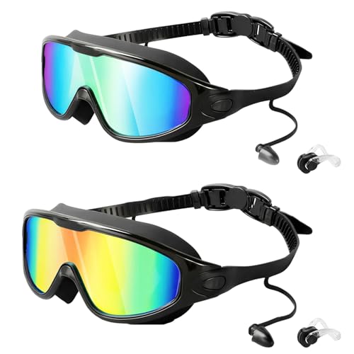 Srumvoat 2 Pack Wide Vision Swimming Goggles, Clear 180° Wide View, Enhanced Anti Fog Lens, Summer UV Protection Goggles, No Leaking Fit Swimming Goggles Adult Men/Women, with Nose Clips & Storage