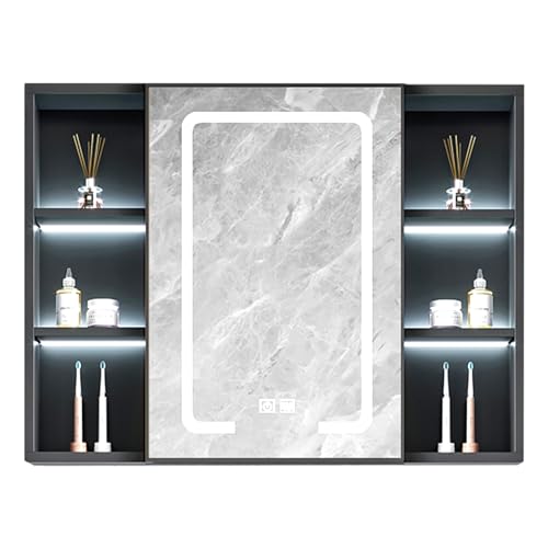 Espejo de baño moderno con iluminación LED con función antivaho y separadores de almacenamiento abiertos, gris 85x... - Perfecto para decoración elegante del hogar y optimización del espacio.