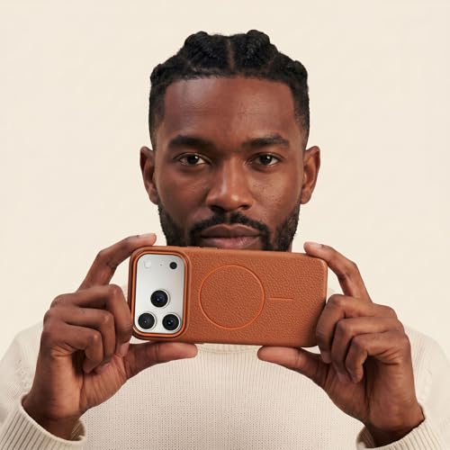 Image of amazon basics Luxury MagSafe Compatible Leather Texture Back Cover for iPhone 17 Pro Max | Raised Camera Protection | Slim Fit Shockproof Case with Metallic Accents (Orange)