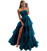 Glitter Tulle Prom Dresses 2025 Strapless Long Formal Evening Dresses for Women A-Line Open Back ...