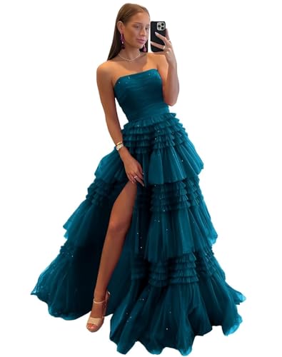 Layered Tulle Strapless Ball Gown 2026 Sparkly Prom Dresses with Ruffles Women Formal Elegant Evening Party Gowns Peacock