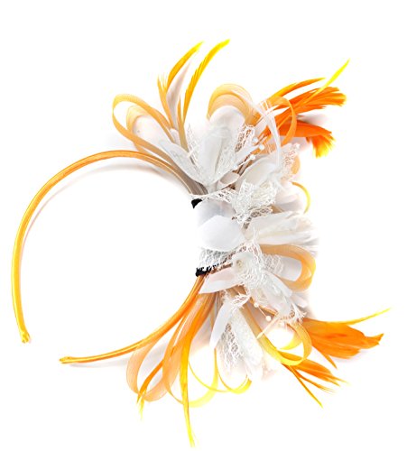Serre-tête bibi orange et blanc à plumes pour un mariage élégant et les courses de Royal Ascot