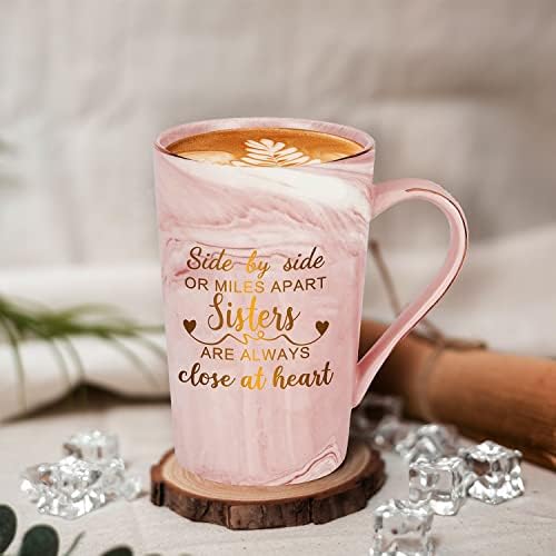 Sister Gifts Coffee Mug Set with Gift Box, Sister Birthday Gifts for Sister 14 Oz Pink Marble Mug Tea Cup-Side by Side or Miles Apart Sisters are Always Close at Heart , Ideal Friendship Gift