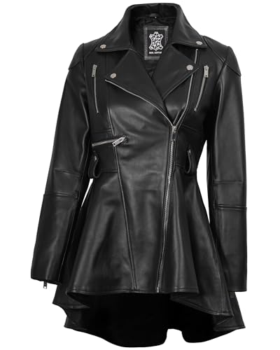 fjackets EU Disc Black Leather Jacket Women - Real Lambskin Long Leather Jackets For Women - Gonzalez Peplum Black | [1315654] L