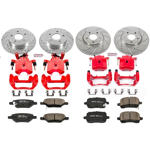 Image of PowerStop Front and Rear Brake Kit for Chevrolet Malibu 2004-08 |Pontiac G6 2005-08 - Carbon-Fiber Ceramic Brake Pads + Drilled & Slotted Rotors + Red Powder Coated Calipers, KC1612A