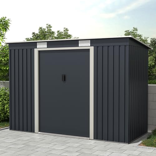 Image of CHARLES BENTLEY Garden Shed, Grey, Zinc Metal, Steel, Shed, Outdoor Storage, Large, Tall, Box, Storage, Tools, Garden Storage, Vents, Lockable Door, Weather Resistant, Rust Proof (8.6ftx4ft)