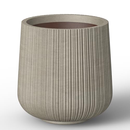 Kante 21.7" Tall Round Fluted Concrete Planter, Large Plant Pot with Drainage, Smooth Weathered Concrete Finish with Warm Brown Interior, for Indoor and Outdoor Use by Kante - Used condition - CA$98.27