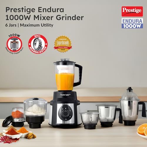 Image of Prestige Endura 1000 Watt Mixer Grinder with 6 Jars | Heavy-Duty Ball Bearing Motor | 3 Stainless Steel Jars + 1 Juicer + 1 Mix-O-Keep + 1 Multi-Utility | SS Baldes | Black | 5Y Motor Warranty