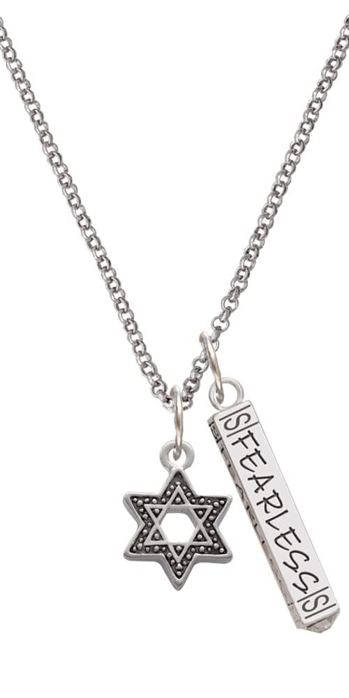 Delight Jewelry Silvertone Star of David with Beaded Border Silvertone Fearless Bar Charm Necklace, 23"