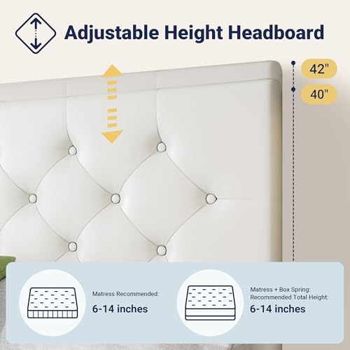 Allewie Upholstered Full Size Platform Bed Frame with 4 Storage Drawers and Headboard, Diamond Stitched Button Tufted, Mattress Foundation with Wooden Slats Support, No Box Spring Needed, White
