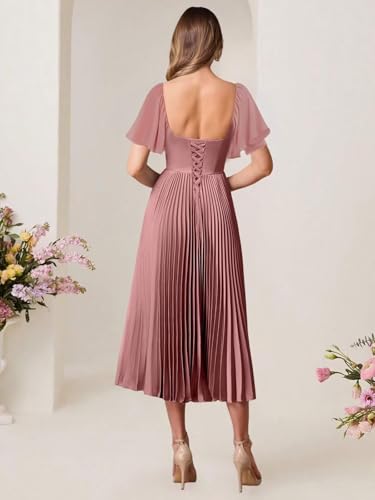 Satin Short Sleeves Bridesmaid Dress Tea Length Pleated Formal Midi Dress QA2692