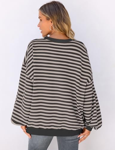 UEU Women's Striped Oversized Color Block Crewneck Long Sleeve Fashion Trendy Sweatshirt Gray X-Large