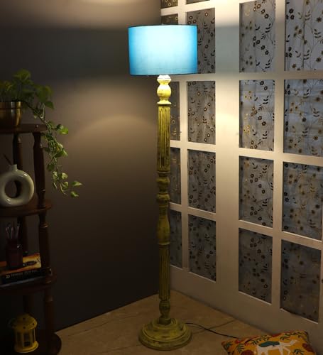 Image of tu casa Mango Wooden Floor Lamps with Aqua Shade for Home Decor, Bedrooms Corner, Living Room, Gifting, Diwali Decoration, Hall, Office, Study Room (Height: - 56 inch) - Bulb not Included