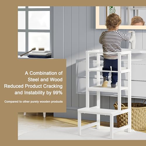 Image of INNOD Kitchen Step Stool for Toddlers, Height Adjustable Toddler Tower with Safety Rail, Steel and Wood Toddler Kitchen Stool Helper Kids, Stool for Kids, Learning Tower, Kids' Desk White