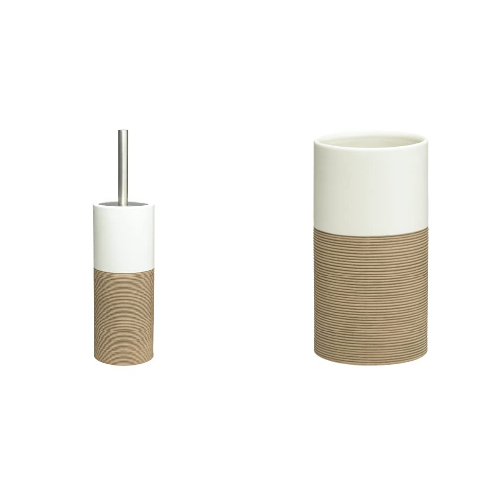 Sealskin Doppio - Escobilla De Baño con Soporte, Porcelana, Color Beige, 10.1 X 10.1 X 38.3 Cm + Vaso para Cepillo De Dientes Doppio, 6.9 X 6.9 X 12.6 Cm, Porcelana, Beige