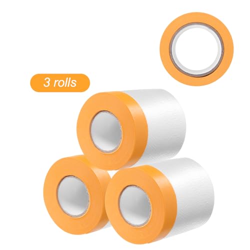 Image of HARFINGTON 3 Rolls Pre-Taped Masking Film 15.7 inch x65.6ft Tape and Drape Painters Plastic Drop Cloth Film with Tape Plastic Sheeting for Automotive Painting Covering