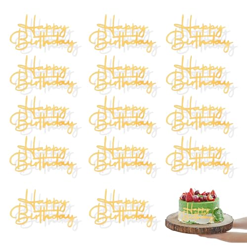 Labyrinxel Cupcake Toppers Set Of Fifteen, Happy Birthday Cupcake Toppers In Gold Acrylic, Happy Birthday Topper For Party Cakes, Gold Cake Topper Dec