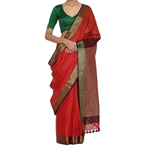 Ethnic Indian Women's Bhagalpuri Handloom Cotton Linen Saree with Gold Border with Beautifully Decorate Soft tussels Cover
