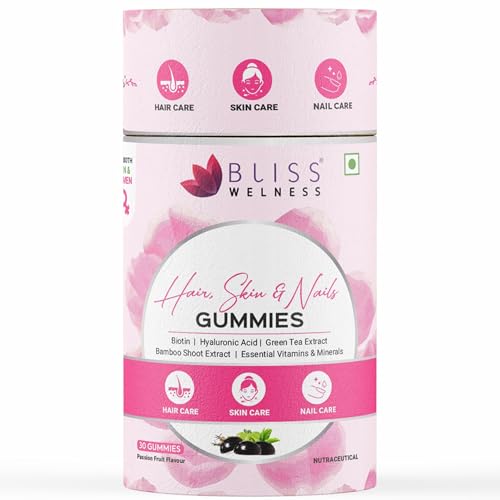 Bliss Welness Hair, Skin & Nails Gummies with Biotin, Hyaluronic Acid, Green Tea Extract, Bamboo Shoot & Multivitamin and Minerals | Supports Hair Strength, Skin Hydration & Nail Health | Passion Fruit Flavor, 30 Gummies