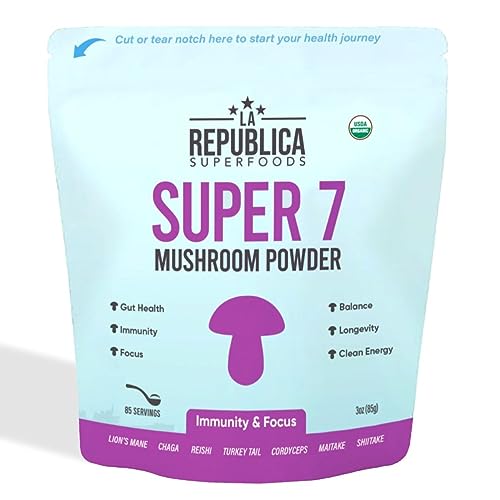 LRLA SUPERFOODS La Republica Super 7 USDA Organic Mushroom Powder (Lion's Mane, Chaga, Reishi, Cordyceps, Maitake, Shiitake, Turkey Tail, Mushroom Supplement, Vegan, No fillers (3 oz)