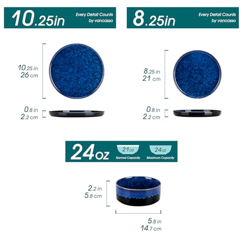Image of vancasso Starry Plates and Bowls Sets for 8, 24 Pieces Blue Dinnerware Sets for Kitchen, Modern Stoneware Dishes Set, Dishwasher and Microwave Safe