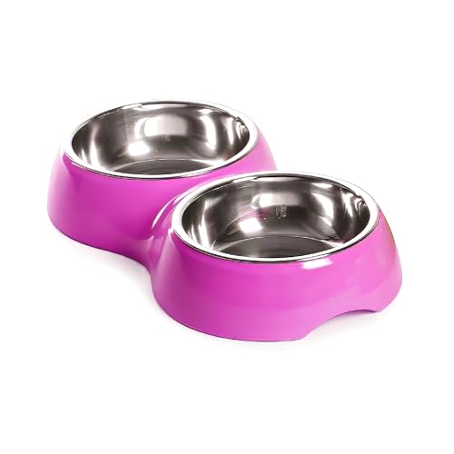 IlGruppone Ciotola Doppia per Cani e Gatti con 2 Vaschette in Acciaio Inox da 0,8 L, Dispenser Acqua e Cibo, Base in Plastica Resistente, 20,5 x 20,5 x 6 cm - Viola