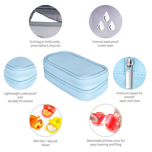 Image of Serfeymi Weekly Travel Pill Organizer 2 Times A Day AM PM Upgraded Rainbow Pill Box 7 Day with Portable Zipper PU Leather Pill Case, Medicine Organizer for Pills, Vitamins, Fish Oils - Blue 01