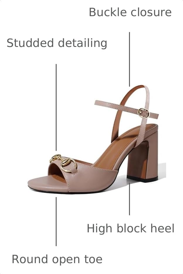 Image of iadore Women Fashion High Block Heel Shoes Strappy with Buckle Fashion Studded Round Open Toe Summer Dress Sandals Size 5-12 US