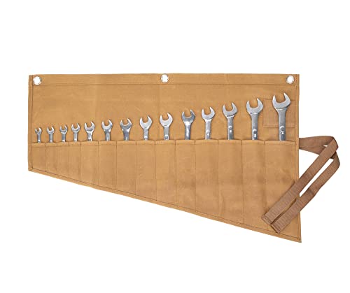 Wrench And Tool Roll Bag, Durable 16oz Waxed Canvas Construction Tool Bag Tool Pouch, 14 Pockets Tool Roll for Metric Or SAE (Khaki)