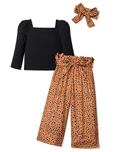 Image of Girl Clothes, Toddler Girl Clothes Square Neck Puff Long Sleeve Top Striped Pants Headband 3Pcs Fall Clothes Set