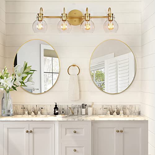 Image of KSANA Bathroom Vanity Light, 4-Light 28.5 inch Large Gold Bathroom Light Fixtures, Modern Vanity Lights for Bathroom with Globe Clear Glass Shades