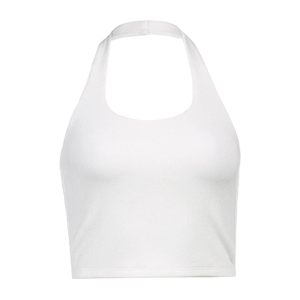 KOEMCY Sleeveless Crop Top for Women - Halter Neck, Sexy Backless, Going Out Tank Top (White, L)
