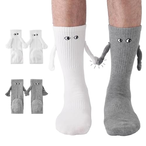PRAOAHEI 2 Paar Socken mit Magnetischen Händen 42-46 Personalisierte Magnetische Lustige Socks mit Händen für Pärchen Geschenke Freunde Familie Geburtstag Valentinstag Jahrestag Grau+Weiß