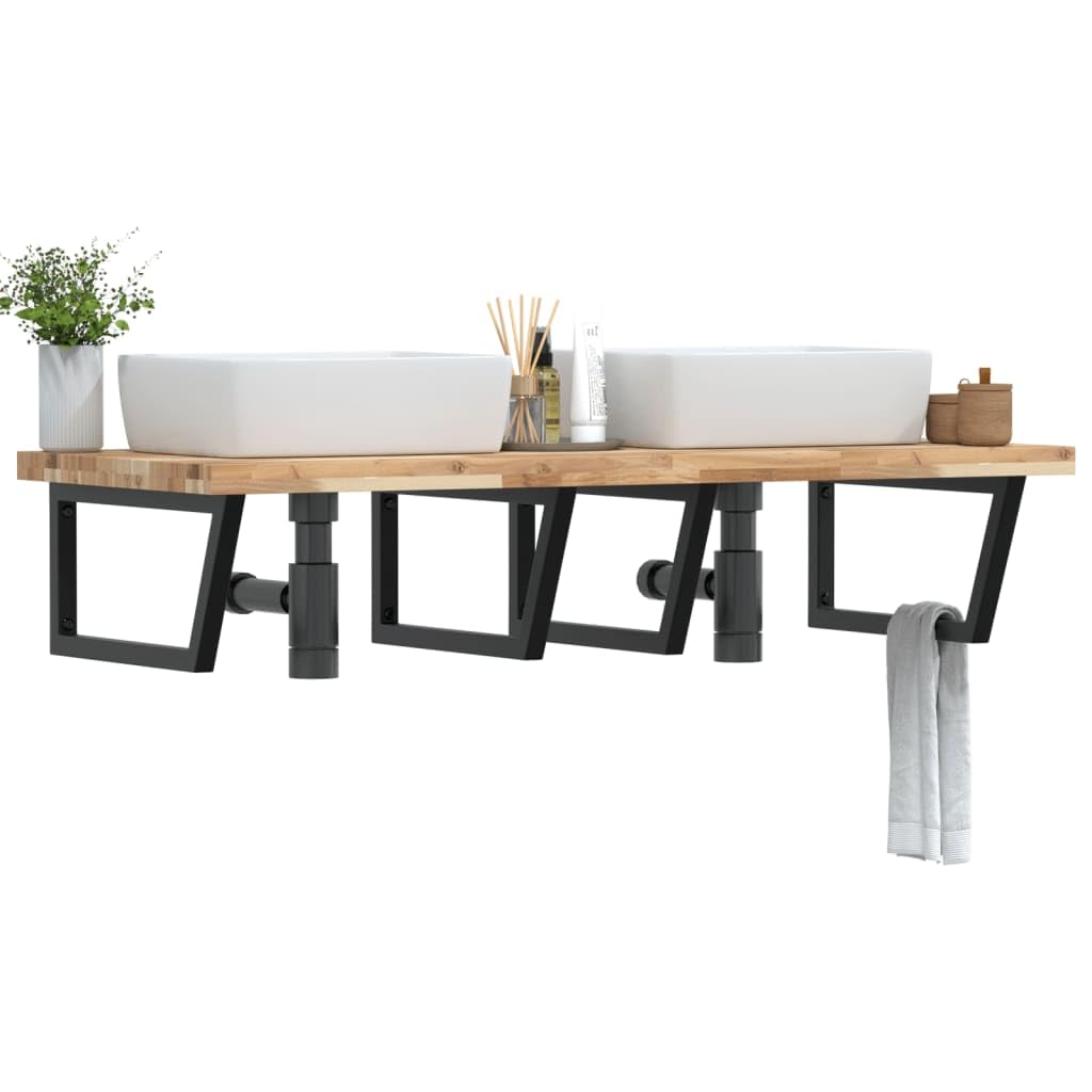 Waschtischplatte mit Wandhalterung, Massivholz Akazie Badezimmer-Regal, 120x60x4 cm, Stabile Stahl-Konsole zur Wandmontage, Belastbar bis 100 kg, Platzsparendes Design für Waschtisch
