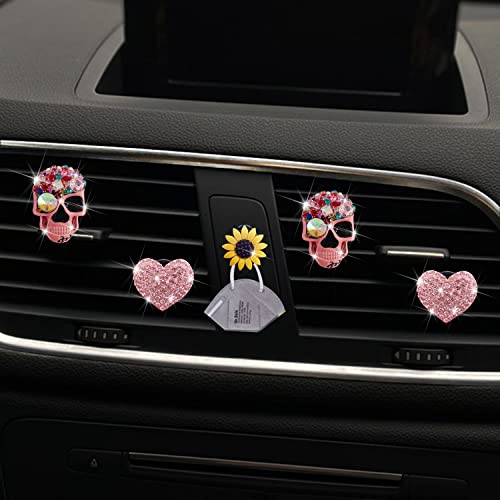 Image of Pink Heart & Skull Air Vent Clips - 4 Pcs Diamond Car Interior Decor, Bling Skeleton Air Fresheners, Vents Clips, Funny Car Accessories + Sunflower Mask Hook
