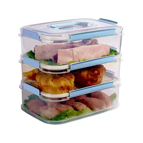 TIAN CHEN Airtight Food Storage Containers, Stackable Cookie Carriers with Handle, Leak Proof Leftover Bin, Medium BPA Free Plastic(Light Blue rectangle) Cover
