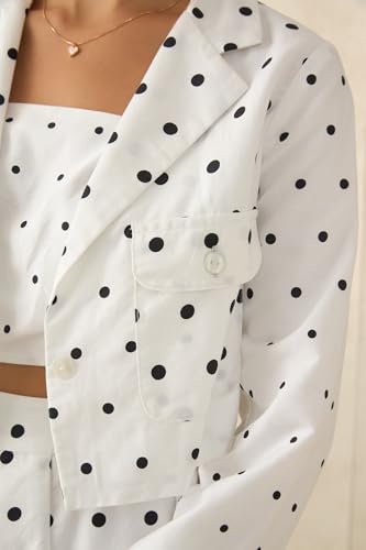 Image of VIRGIO Women's Polka Dot Crop Blazer - 100% Cotton Tailored Fit Cropped Jacket, Lightweight Breathable Cotton Blazer for Women, Casual Wear, Office Wear, Stylish Layering Piece
